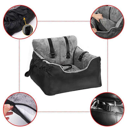 Dog Car Seat Plush Cosy for Small Dogs and Cats with Storage Pocket and Safety Leash - Treats N Squeaks