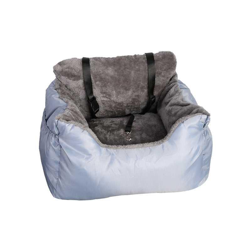 Dog Car Seat Plush Cosy for Small Dogs and Cats with Storage Pocket and Safety Leash - Treats N Squeaks