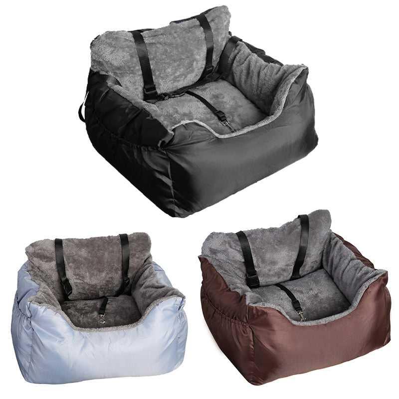 Dog Car Seat Plush Cosy for Small Dogs and Cats with Storage Pocket and Safety Leash - Treats N Squeaks