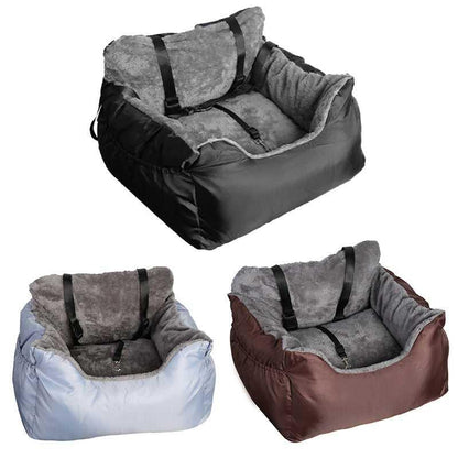 Dog Car Seat Plush Cosy for Small Dogs and Cats with Storage Pocket and Safety Leash - Treats N Squeaks