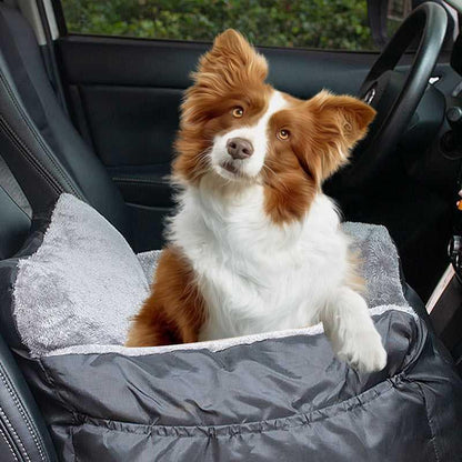 Dog Car Seat Plush Cosy for Small Dogs and Cats with Storage Pocket and Safety Leash - Treats N Squeaks